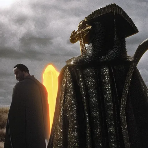 Image similar to a giant priest with skin that looks like black and white porcelain, the priest is wearing a golden armor and his back has wings made of electricity, the priest has a thurible in his hand, cinematic detailed dune movie still