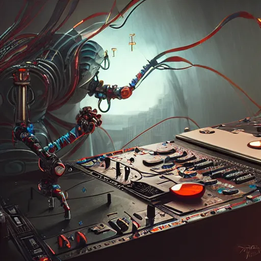 Prompt: robot making analog synth music, art by wagner kuroiwa tristan eaton, stanley artgermm, tom bagshaw, greg rutkowski, carne griffiths, ayami kojima, beksinski, giger, trending on deviantart, photorealistic, vray, hdr, hyper detailed, dramatic lighting, octane render, weta digital, 3 d sculpture