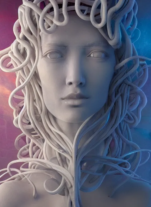 Image similar to medusa made of soft white wax, wooden art nouveau swirls, strong subsurface scattering, cables, tubes, subsurface scattering, in the style of ruan jia and beeple and giger, subsurface scattering, mystical colors, back light, rim light, dramatic lighting, 8 k, stunning scene, raytracing, octane render, trending on artstation