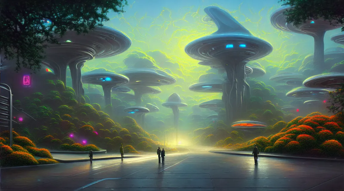 Prompt: extraterrestrial landscape inhabited by alien fauna and flora, building, avenue, urban architecture, americana architecture, concrete architecture, robots walking, paved roads, by thomas kinkade trending on artstation, photorealistic, wild vegetation, utopian, futuristic, blade runner