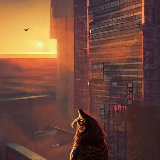 Prompt: an owl watching the sunset from a building, cyberpunk, digital art, artstation trend, HDR