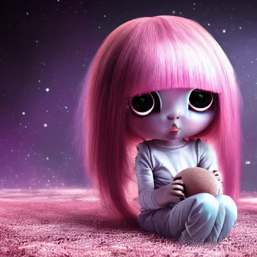 Prompt: a little alien girl with big sad black eyes and long hair holds a doll in her hands, sci - fi, 3 d, mysterious atmosphere, photorealistic, ultradetails