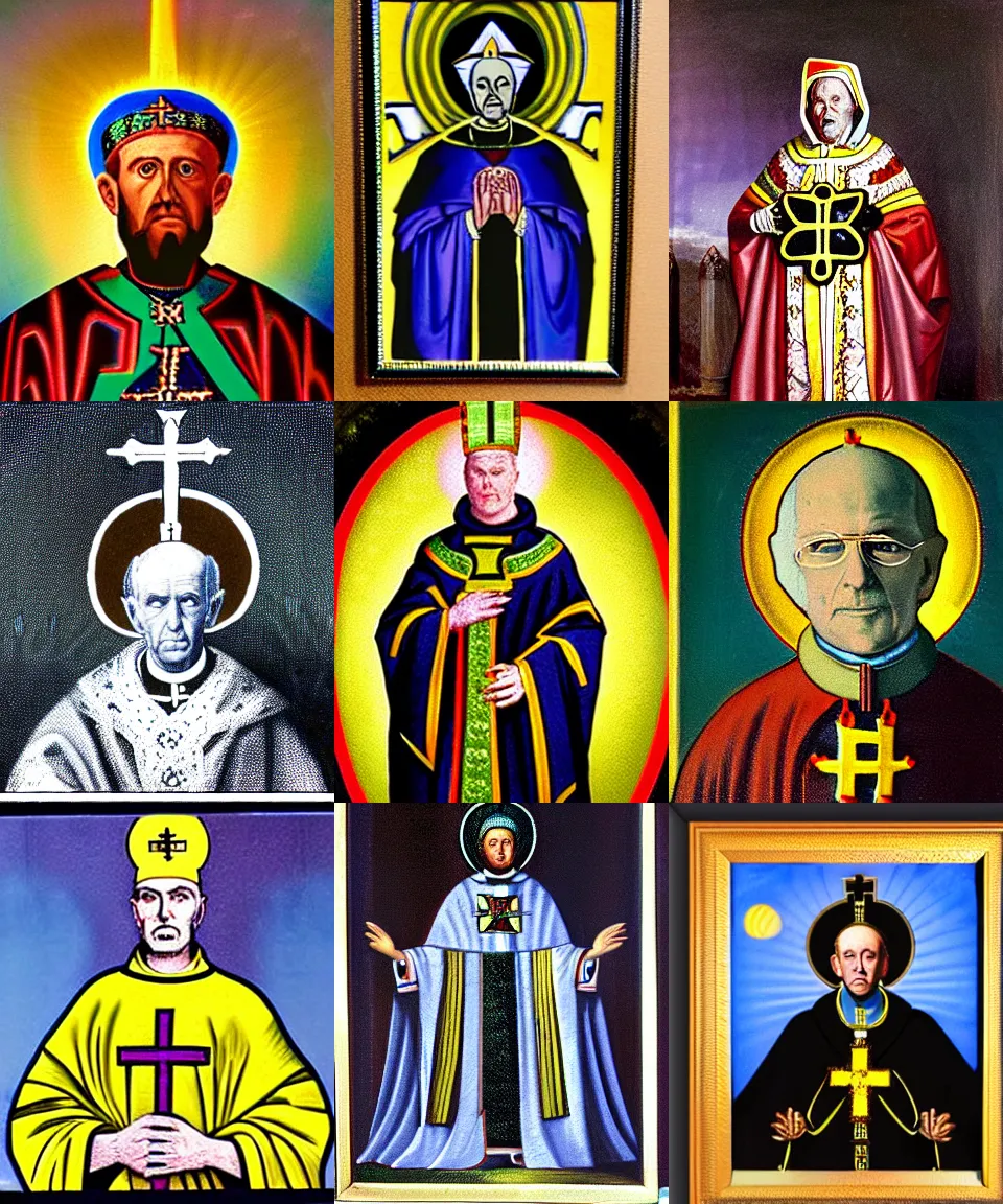 Prompt: official portrait of a radioactive archbishop, wearing a mitre with the nuclear symbol and emitting gamma rays, classic painting