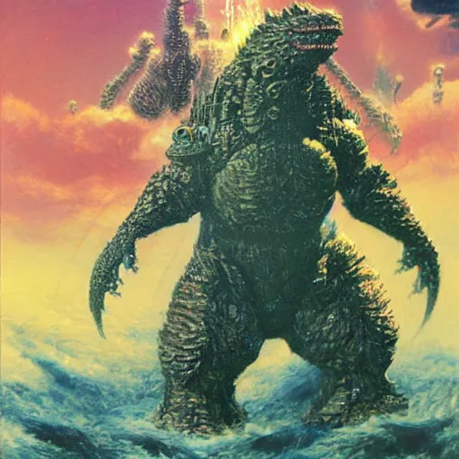 Image similar to a large anthropomorphic godzilla shaped mecha by paul lehr and moebius