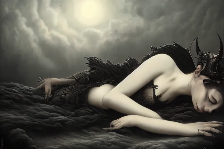 Image similar to By Tom Bagshaw, ultra realist soft painting of curiosities carnival by night, very beautiful horn single female gothic wearing corset sleeping on a overlord of the dead bed, symmetry features, very intricate details, omnious sky, black and white, volumetric light clouds