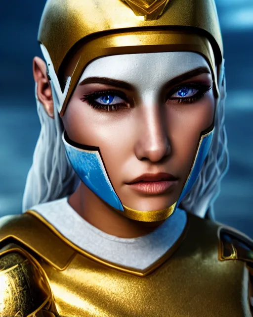 Prompt: girl in egypt, egyptian cyborg armor, white hair, atmosphere, gold, detailed, intricate, desert, beautiful face, cinematic lighting, trending on artstation, blue eyes, 4 k, focused, extreme details, cinematic, masterpiece, by akihito tsukushi