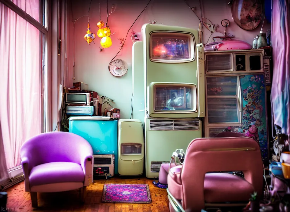 Image similar to telephoto 7 0 mm f / 2. 8 iso 2 0 0 photograph depicting the feeling of chrysalism in a cosy cluttered french sci - fi ( art nouveau ) cyberpunk apartment in a pastel dreamstate art cinema style. ( fridge, computer screens, window ( city ), fish tank, lamp ( ( ( armchair ) ) ) ), ambient light.