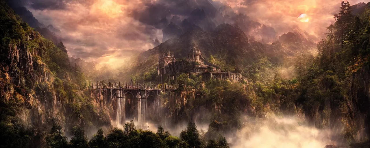 Prompt: epic photo of rivendell in the style of the tv series arcane, hyper detailed, moody, sunrise, cinematic lighting