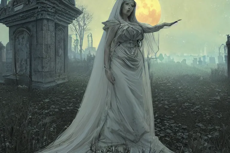 Image similar to an ultra detailed animation of an invisible ghost bride in a graveyard at midnight on halloween, digital art, dark fantasy, concept art, soulslike, by alphonse mucha, blood moon eclipse, ruined building in the background, artstation, 8 k, unreal engine render