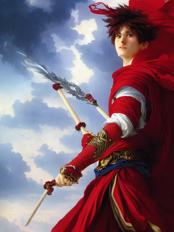 Image similar to A Portrait of a boisterous Red Mage wearing striped shining armor holding a staff of power surrounded by an epic cloudscape. The Magus Omega . Red Wizard. Morpheus. Symmetrical. masterpiece. 4k digital illustration. by Ruan Jia and Artgerm and Andreas Rocha and William-Adolphe Bouguereau and Jean-Baptiste de Champaigne. award winning, Artstation, intricate details, realistic, Hyperdetailed, 8k resolution. Concept Painting. Key Art