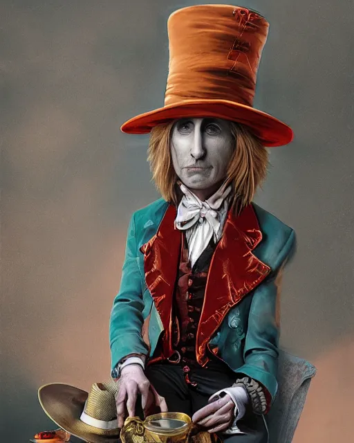 Image similar to tom petty as the mad hatter, contrast, kim jung gi, greg rutkowski, zabrocki, karlkka, jayison devadas, trending on artstation, 8 k, ultra wide angle, zenith view, pincushion lens effect