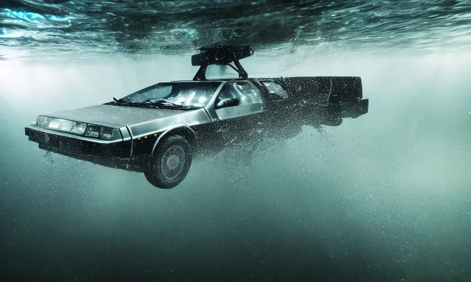 Prompt: photo of a delorean go lightspeed underwater