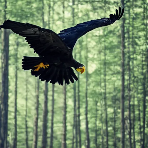 Image similar to black eagle flying over a forest