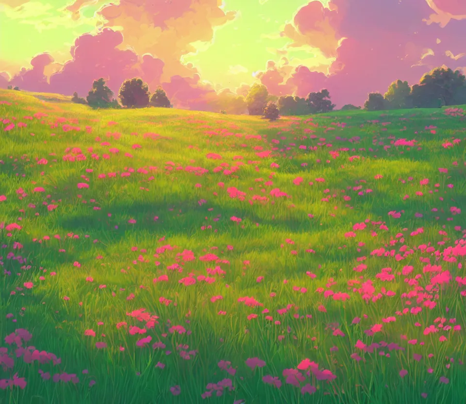 Image similar to green lush Field with beautiful flowers, aesthetic, calming, pink and yellow clouds in the sky, brightly illuminated by rays of sun, Clouds backlit by the sun, sunset ,artstation, colorful sylvain sarrailh illustration, by peter chan, day of the tentacle style