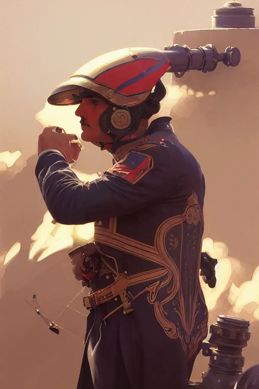 Image similar to man as human cannonball in the modern artillery cannon, realistic painting, symmetrical, highly detailed, digital painting, artstation, concept art, smooth, sharp focus, illustration, cinematic lighting, art by artgerm and greg rutkowski and alphonse mucha