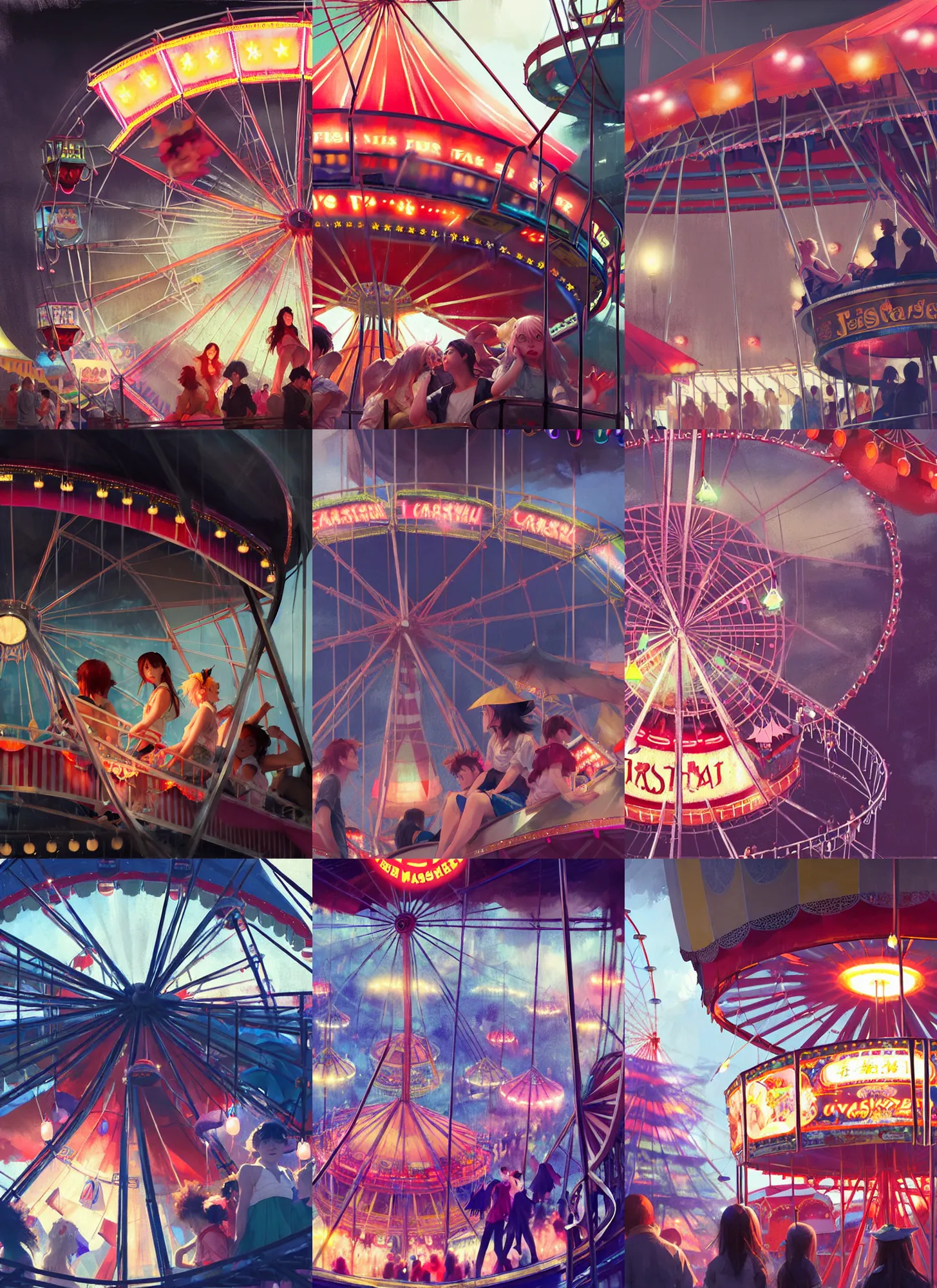 Prompt: close - up of student witches sitting in ferris wheel at a small carnival amusement, food stalls, big top circus tent, roaming entertainers, flashing lights, highly detailed, magical, japan mountains, digital painting, concept art, matte, art by ruan jia and wlop and greg rutkowski and makoto shinkai, masterpiece