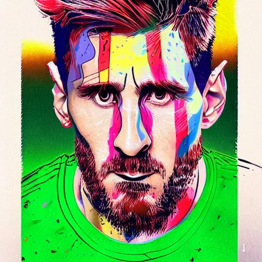 Image similar to peripheral lobotomy of messi, in the style of cyborg adi granov, colourful hand drawing, beautiful faces, dramatic, tragic, intricate, detailed, beautiful