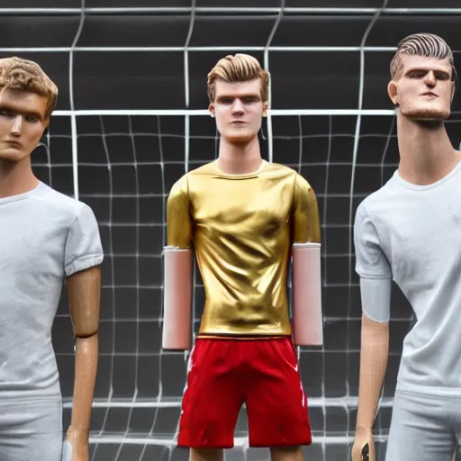 Image similar to a realistic detailed photo of a guy who is an attractive humanoid who is half robot and half humanoid, who is a male android, soccer players martin ødegaard & timo werner, shiny skin, posing like a statue, blank stare, in a factory, on display, showing off his muscles, gold soccer shorts, side view, looking at each other mindlessly