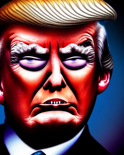 Image similar to donald trump as dracula with fangs out, character portrait, close up, concept art, intricate details, hyperrealism, photorealistic, in the style of otto dix and h. r giger