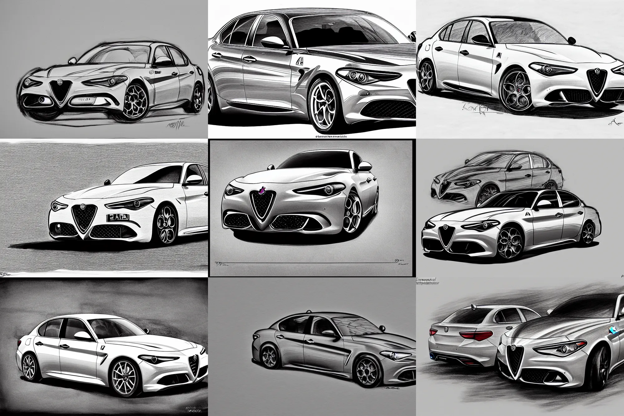 Prompt: alfa romeo giulia, black and white, sketch, detailed