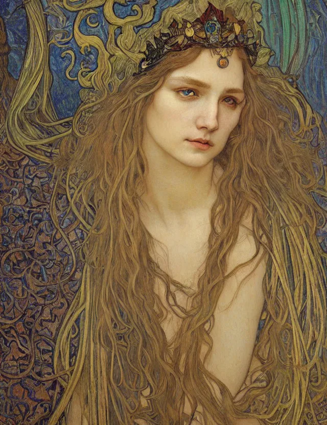 Image similar to detailed realistic beautiful young medieval queen face portrait by jean delville, alphonse mucha, vincent van gogh, and marco mazzoni, art nouveau, symbolist, visionary, gothic, pre - raphaelite