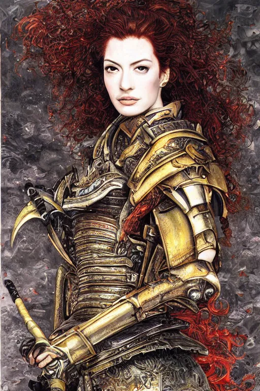 Prompt: Detailed painting of a curly redhead anne hathaway portrait wearing samurai armor by Yoshitaka Amano