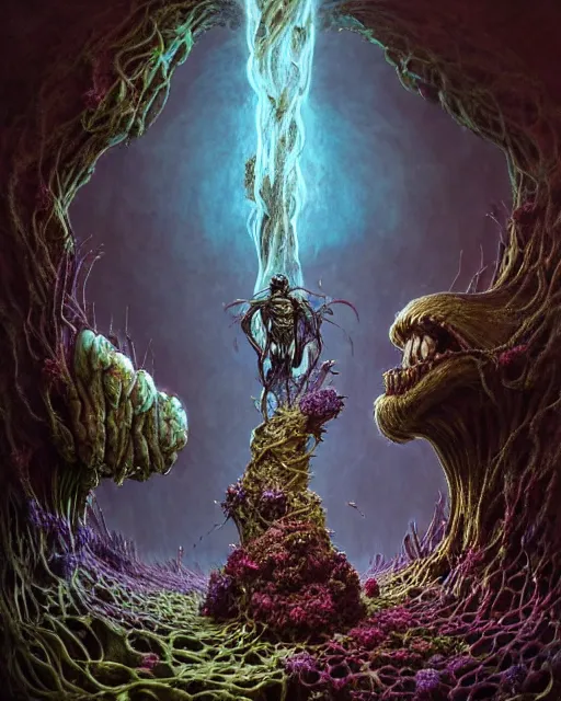 Image similar to the platonic ideal of flowers, rotting, insects and praying of cletus kasady carnage thanos davinci dementor wild hunt chtulu mandelbulb spirited away doctor manhattan bioshock, caustic, ego death, decay, dmt, psilocybin, concept art by randy vargas and greg rutkowski and zdzisław beksinski