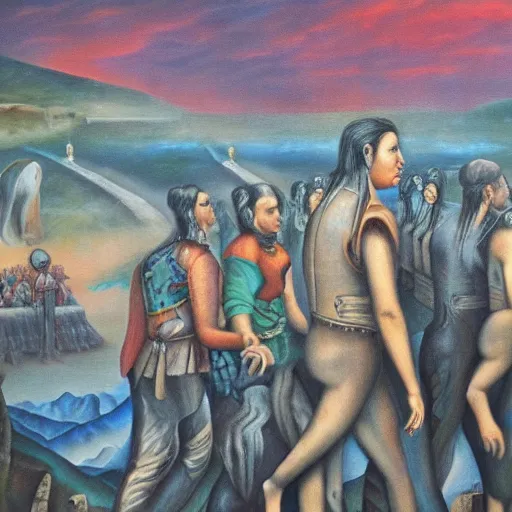 Prompt: trail of tears, surrealism, high detail, masterpiece, oil on canvas