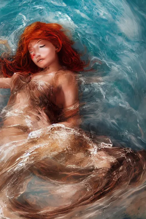 Prompt: A girl with a golden body, red hair, bronze eyes, lies in white water, marble background, bright light, Anachronism, Photorealism, 4k