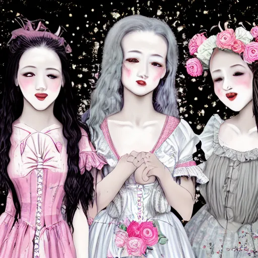 Image similar to renaissance, realistic, group of creepy young ladies pink cheeks wearing renaissance harajuku manga dress pale grey and white flowers, background chaotic flowers