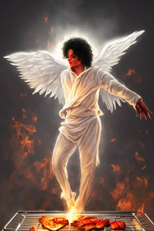 Image similar to white michael jackson cooking a bbq as a heavenly angel, anatomy, bathed in light, highly detailed, photorealistic, artstation, smooth, sharp focus, illustration, unreal engine 5, 8 k, art by artgerm and greg rutkowski and edgar maxence