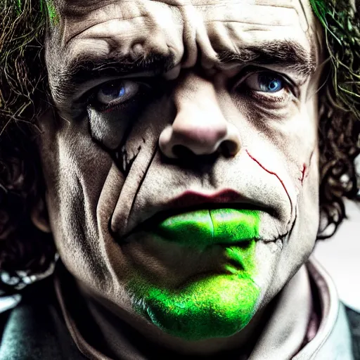 Image similar to stunning awe inspiring peter dinklage as the joker, movie still 8 k hdr atmospheric lighting