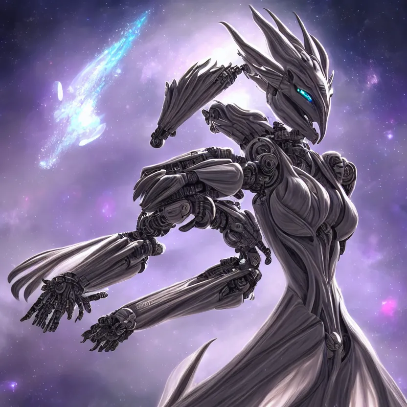 Image similar to goddess shot, galactic sized stunning beautiful anthropomorphic robot mecha female dragon, in space, larger than planets, holding the earth, the earth a mere marble in her claws, detailed silver armor, epic proportions, epic scale, detailed digital art, ultra detailed, furry, macro art, dragon art, giantess, warframe fanart, furaffinity, deviantart, realistic