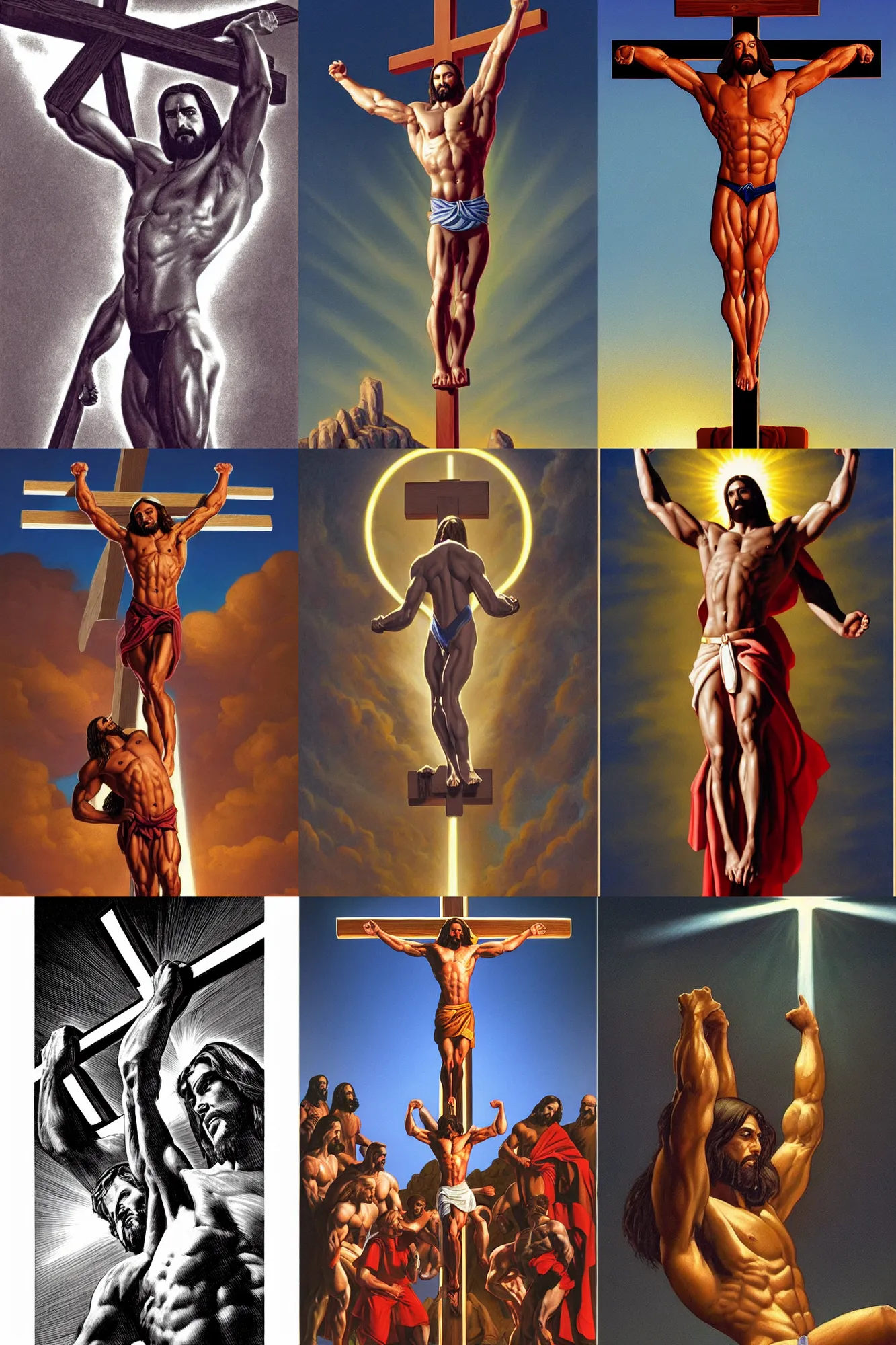 Prompt: jesus as a bodybuilder on the cross by greg hildebrandt, halo above head, dramatic lighting