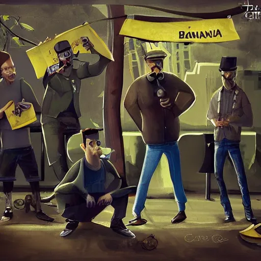 Prompt: The Banana Cartel Capos Meeting, Concept digital art, trending on cgsociety