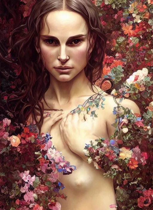 Image similar to music video screenshot of natalie portman, unreal, fantasy, intricate, elegant, dramatic, highly detailed, photorealistic, digital painting, painterly, artstation, concept art, smooth, sharp focus, art by John Collier and Krenz Cushart and Artem Demura and Alphonse Mucha and Albert Aublet