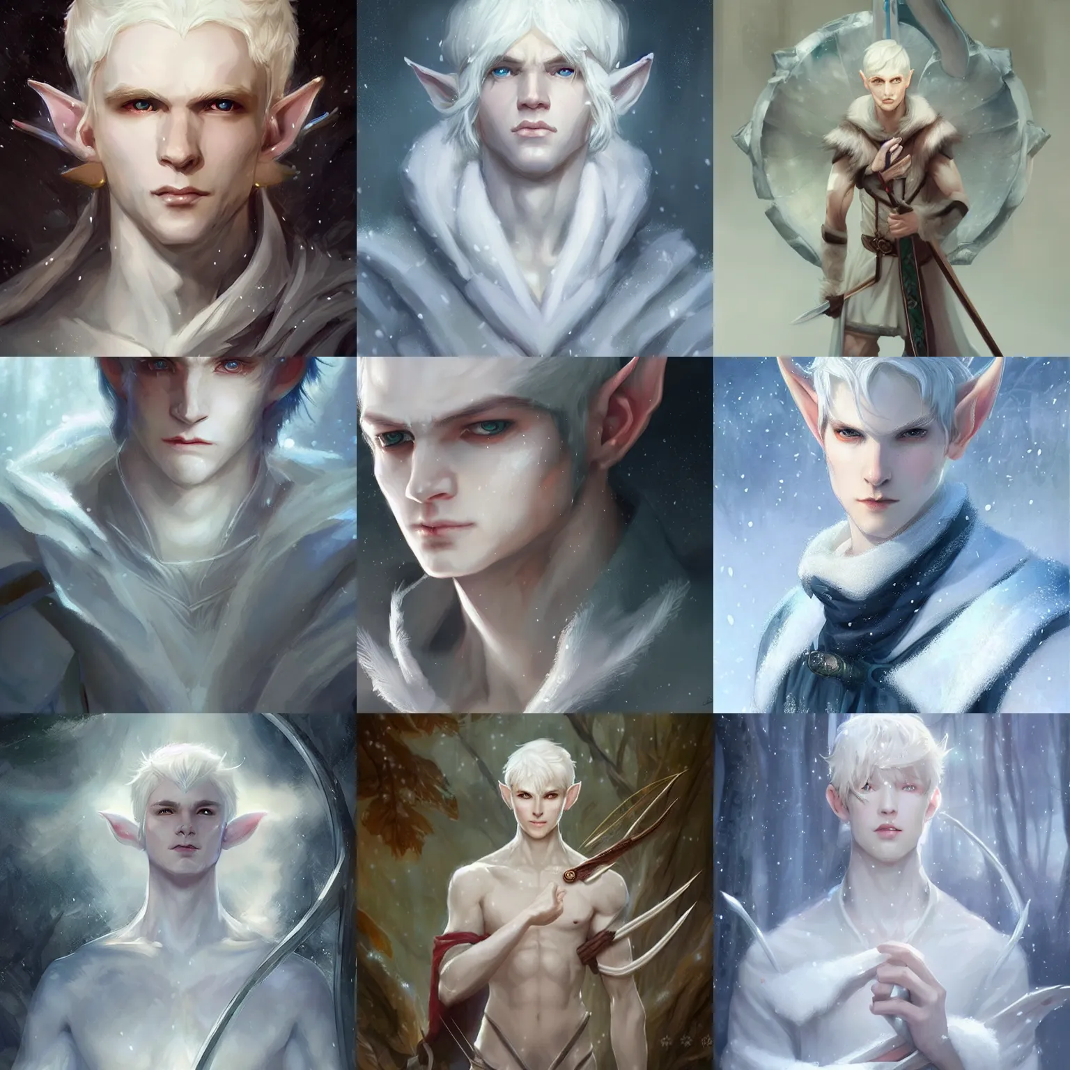 Prompt: handsome male snow elf as an archer, albino skin, pale pointed ears, ethereal opalescent mist, winter vibes, perfect face, elegant, very coherent symmetrical artwork, by wenjun lin, krenz cushart, charlie bowater, trending on artstation