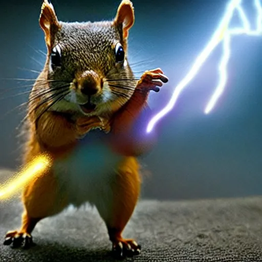 Prompt: atomic powered cybernetic squirrel farting lightning from his tail at an army of replicant robots