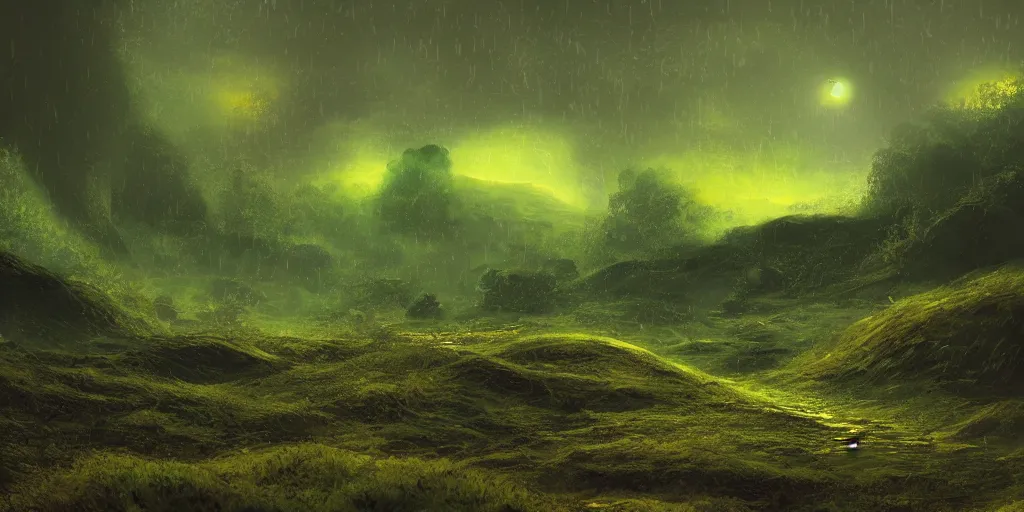 Image similar to digital art, trending on artstation, planet venus landscape, heavy green rain, nice lighting, perfect readability