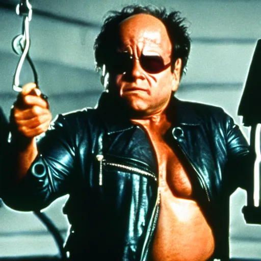 Image similar to Danny DeVito as The Terminator, cinematic, Eastman 5384 film