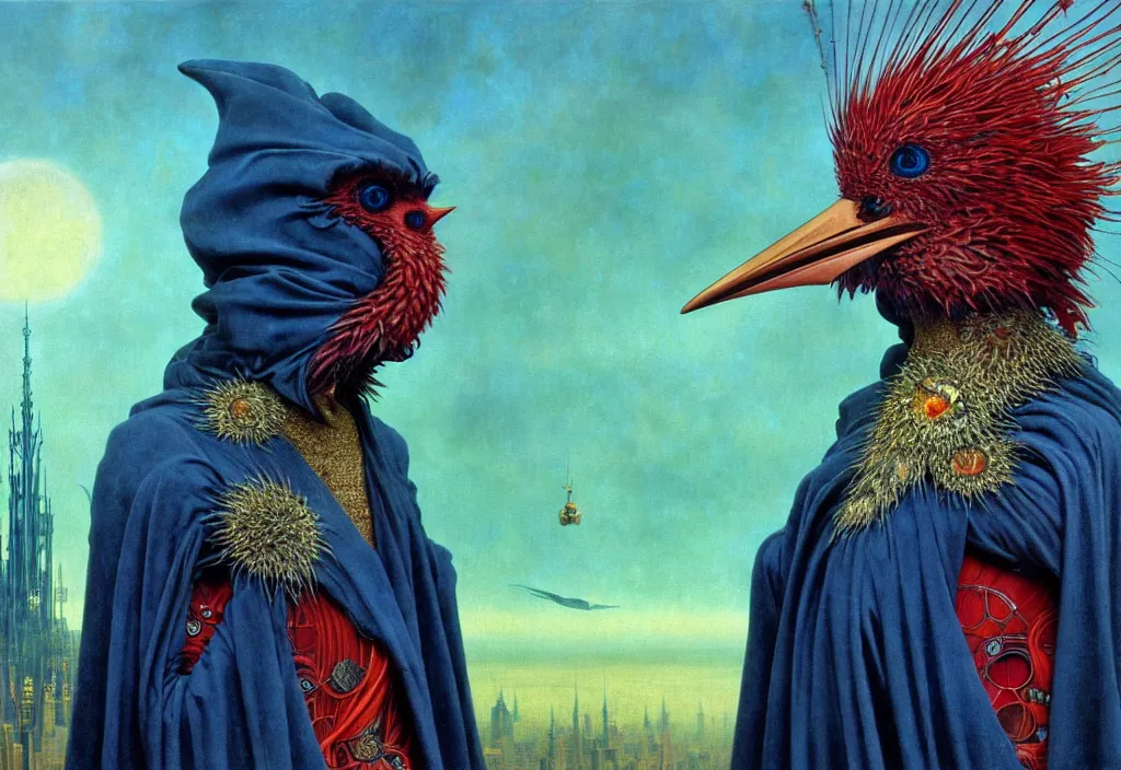 Prompt: realistic detailed portrait movie shot of a birdman wearing dark robes, sci fi city landscape background by denis villeneuve, amano, yves tanguy, alphonse mucha, ernst haeckel, max ernst, roger dean, masterpiece, rich moody colours, blue eyes, snarling dog teeth