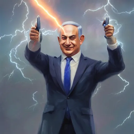 Image similar to portrait of benjamin netanyahu smirking while holding lightning bolts with his hands, by artgerm and greg rutkowski