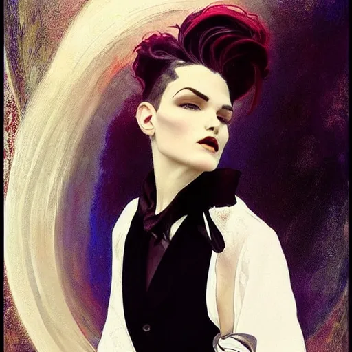 Image similar to beautiful portrait of androgynous ruby rose as desire from sandman in a white tuxedo!!!, rockabilly style, by alphonse mucha, cedric peyravernay, by jeremy mann, by frank moth, white suit and black tie, soft lightning, high detailed, 8 k