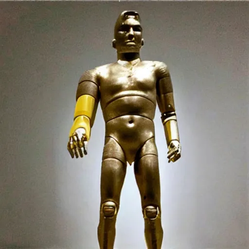 Image similar to “a realistic detailed photo of a guy who is an attractive humanoid who is half robot and half humanoid, who is a male android, Oklahoma Stare University college wrestler Daton Fix, shiny skin, posing like a statue, blank stare, at the museum, on display”