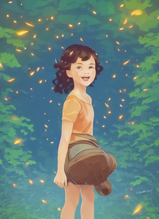 Image similar to little girl with short wavy curly light brown hair chasing fireflies in the woods. clean cel shaded vector art. shutterstock. behance hd by lois van baarle, artgerm, helen huang, by makoto shinkai and ilya kuvshinov, rossdraws, illustration, art by ilya kuvshinov