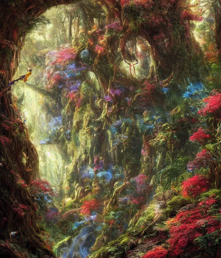 Prompt: a beautiful hyperrealistic detailed painting of a thin climbing path climbing through an enchanted fantasy forest, by federic edwin church, by alex heywood, by hayao miyazaki, epic scale, 3 d, brilliantly coloured, intricate, ultra wide angle, trending on artstation, golden ratio, morning, volumetric lighting, polished, micro details