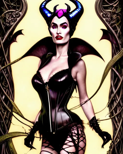 Prompt: new art nouveau portrait of fantasy succubus maleficent megan fox wearing a leather corset in a magical forest, anna dittmann, moebius, wlop, artgerm, patrick nagle, charlie bowater and loish. long windblown hair, ultrasharp focus, dramatic lighting, barbwire vine arches, photorealistic digital matte painting, intricate.