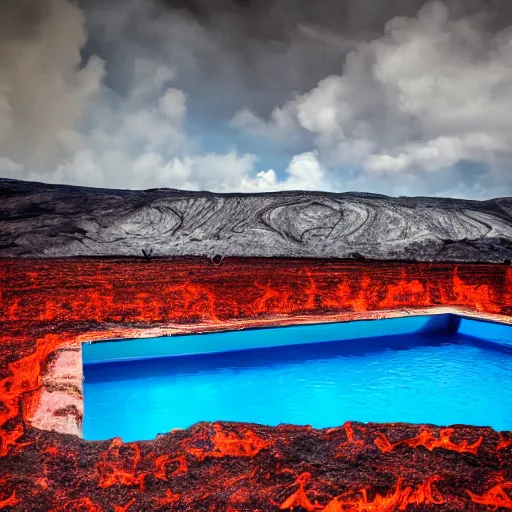 Image similar to A photo of a blue beautiful pool in the middle of infierno,hell, fire, lava in 85mm lense, artistic, highly realistic, super detailed, very very detailed, very ahestetic