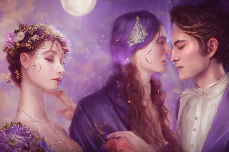 Image similar to a dreamlike cinematic portrait of wedding photograph close up moment of a divine a russia sun god and moon goddess lovers magician at a wedding banquet. portraiture. digital painting. artstation. concept art. fantasy wedding photo. digital painting, 8 k realistic, hyper detailed, violet evergarden art masterpiece by art by krenz cushart