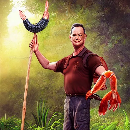 Image similar to Tom Hanks as forrest holding a giant shrimp on a stick over a campfire in the jungle, realistic digital painting, in the style of Aleksi Briclot, photoreailstic, realistic face, amazing detail, sharp